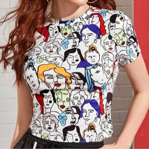 White face patterned Picasso-inspired fitted crop top / XS / NWOT